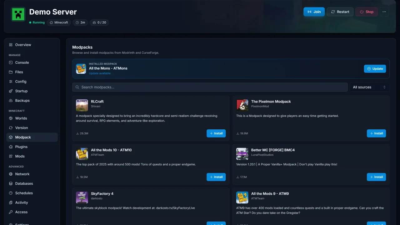Modpack-vyn i panelen med paket redo att installera