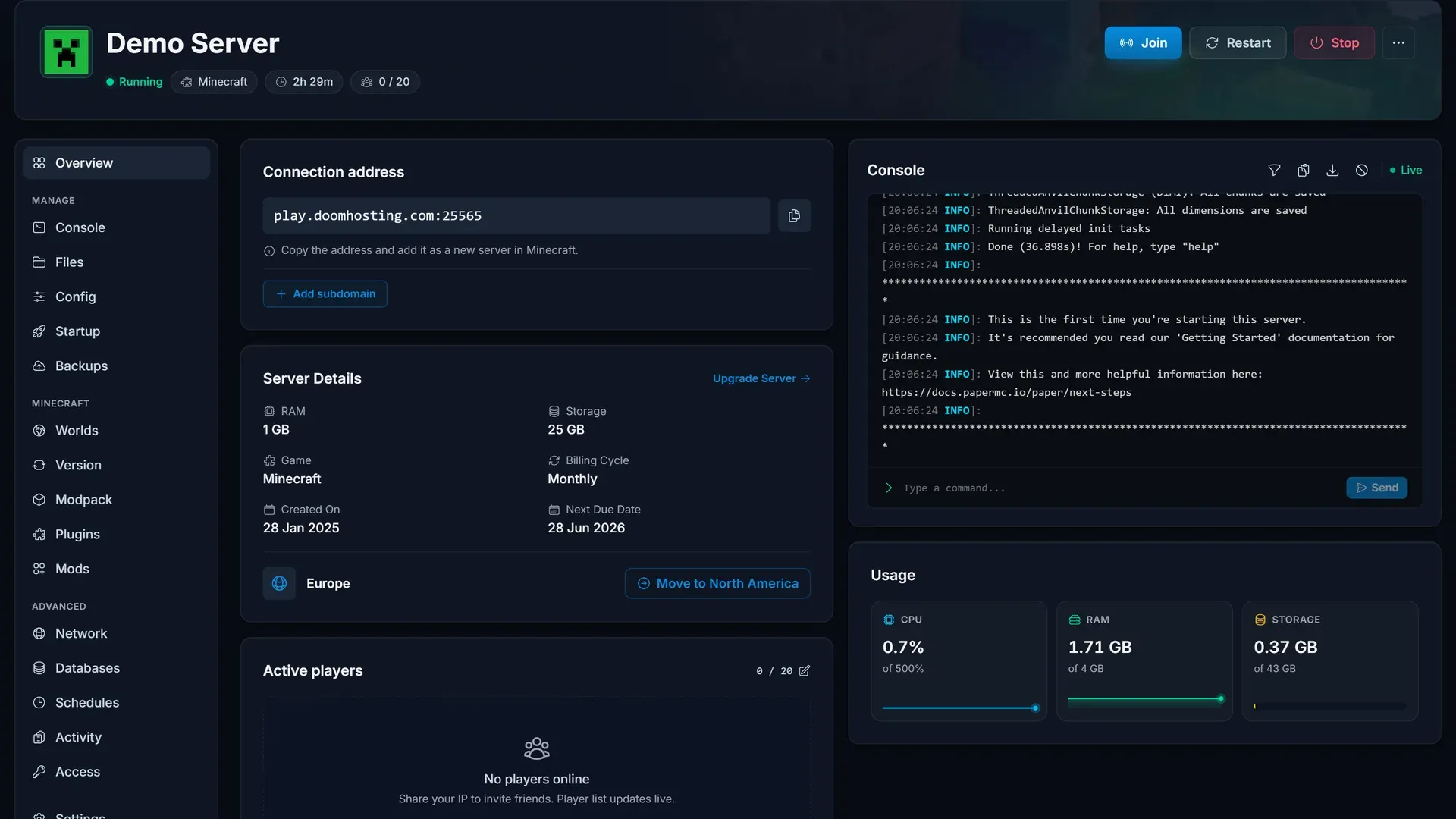 Spelpanelens översikt hos Spelhosting med serverstatus, resursanvändning och snabbåtgärder