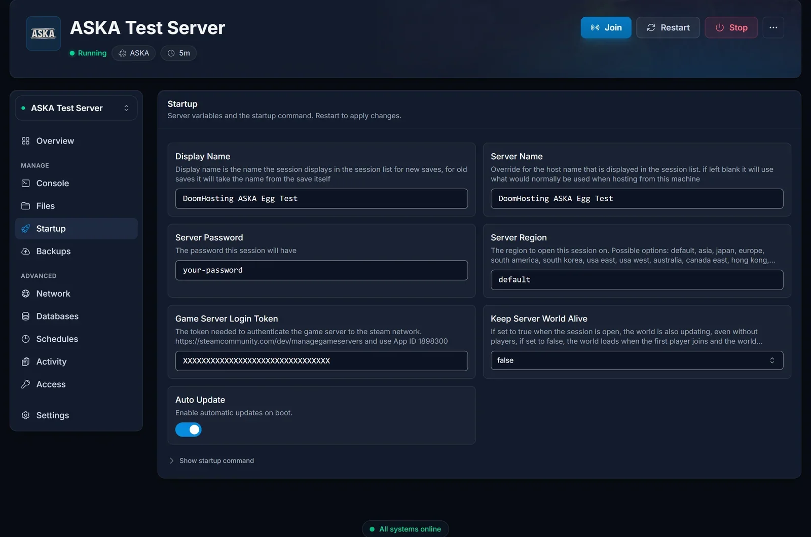 Fliken Startup i panelen med fälten för visningsnamn, servernamn, lösenord och region